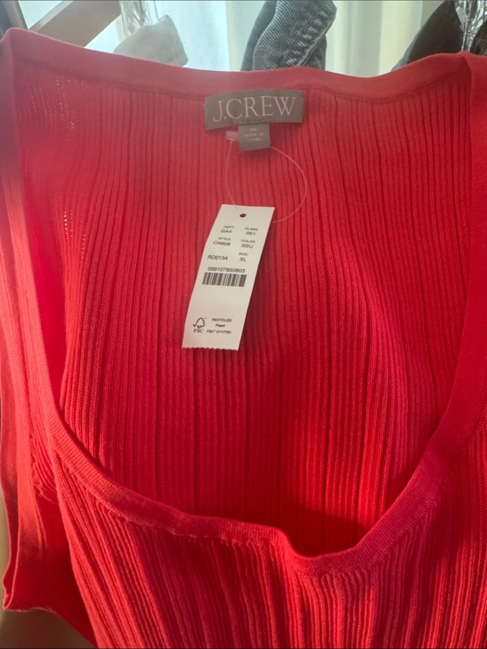 J. Crew Ribbed Ruffle-Trim Sweater Dress, Ultra Fine Cotton - Bright Coral (XL)